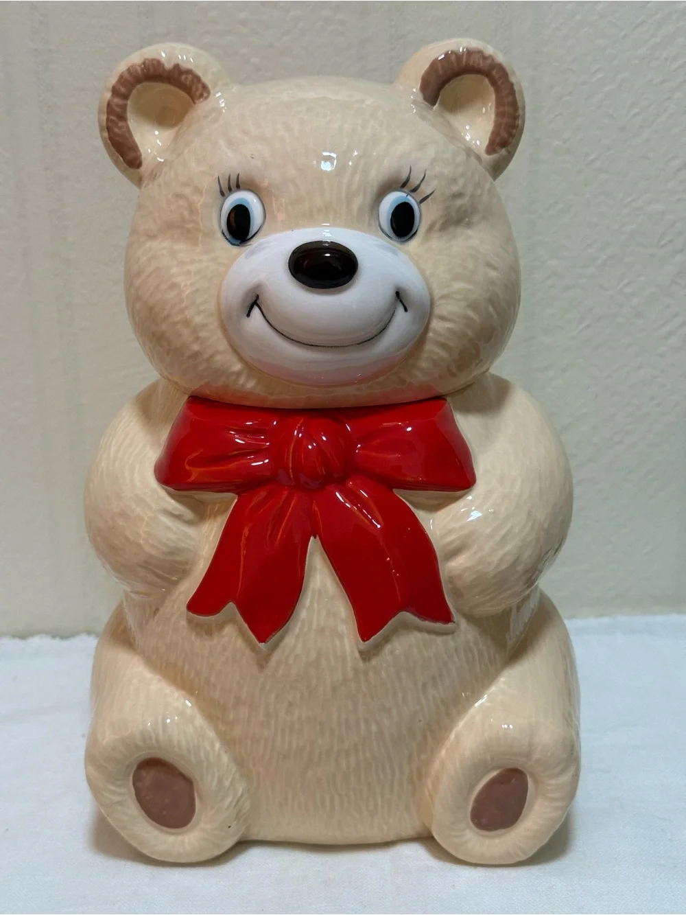 Japan Ceramic Pottery Teddy Bear Jar Beige Red Bow Glossy Finish 9 in